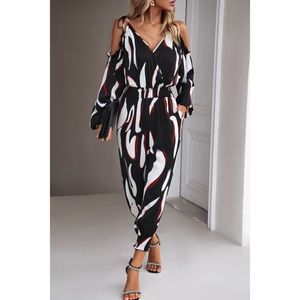 NWT Printed Cold-Shoulder Surplice Neck Jumpsuit